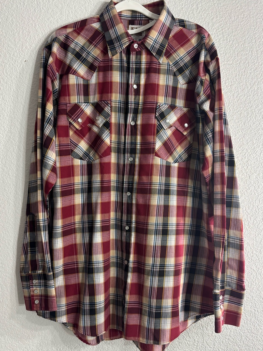 Ely Cattleman Vintage Red & Gold Plaid Western Pearl Button-Down Shirt Men L